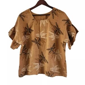 Elena Baldi Italy Linen Dragonfly Hand Paint Tan Beige Blouse Top Short Sleeve S